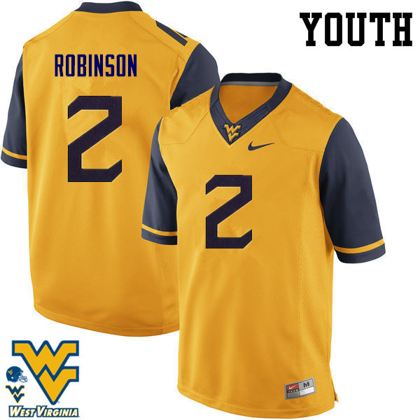 Youth #2 Kenny Robinson West Virginia Mountaineers College Football Jerseys-Gold - Click Image to Close